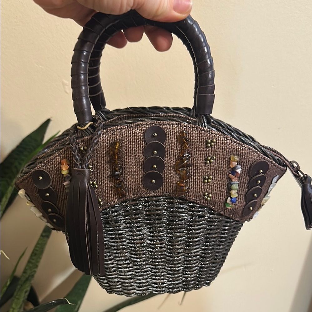 Brown Mini Woven Bag with Leather Trim